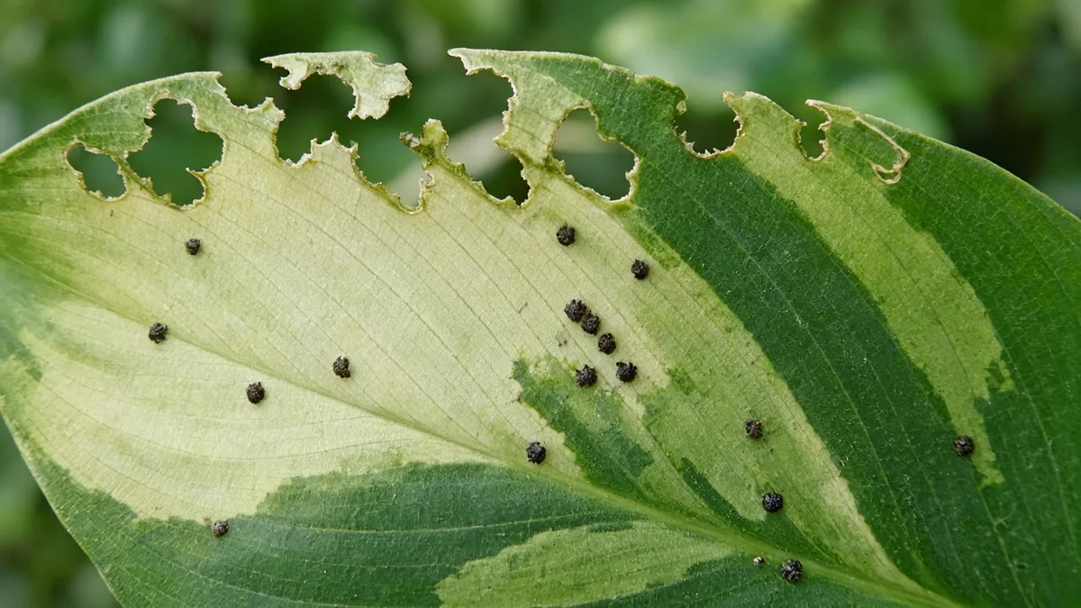 Close-up of caterpillar damage on Dieffenbachia - irregular chewed holes on variegated leaf with dark frass pellets
