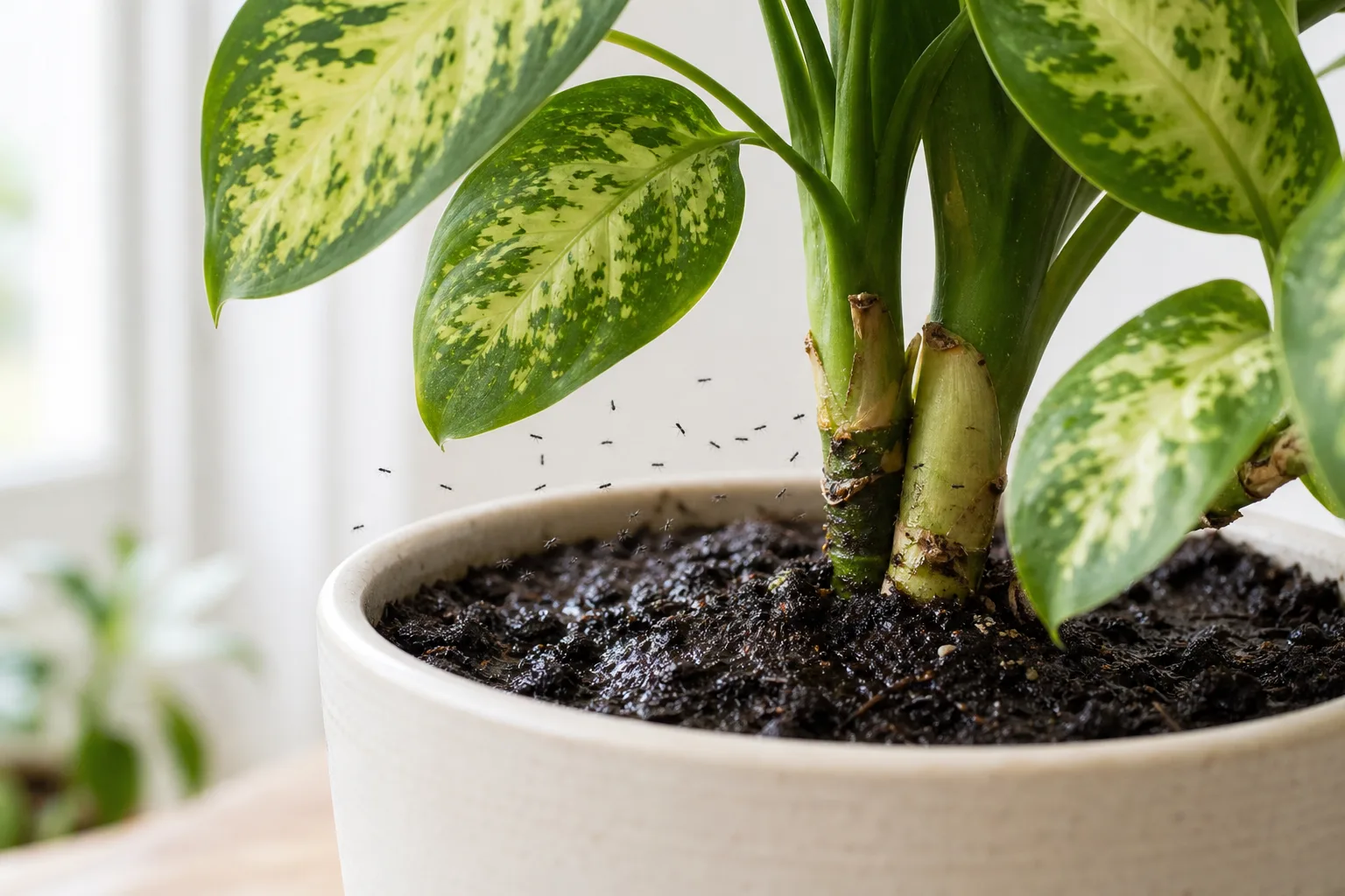 Fungus Gnats on Dieffenbachia - visible symptom on the plant