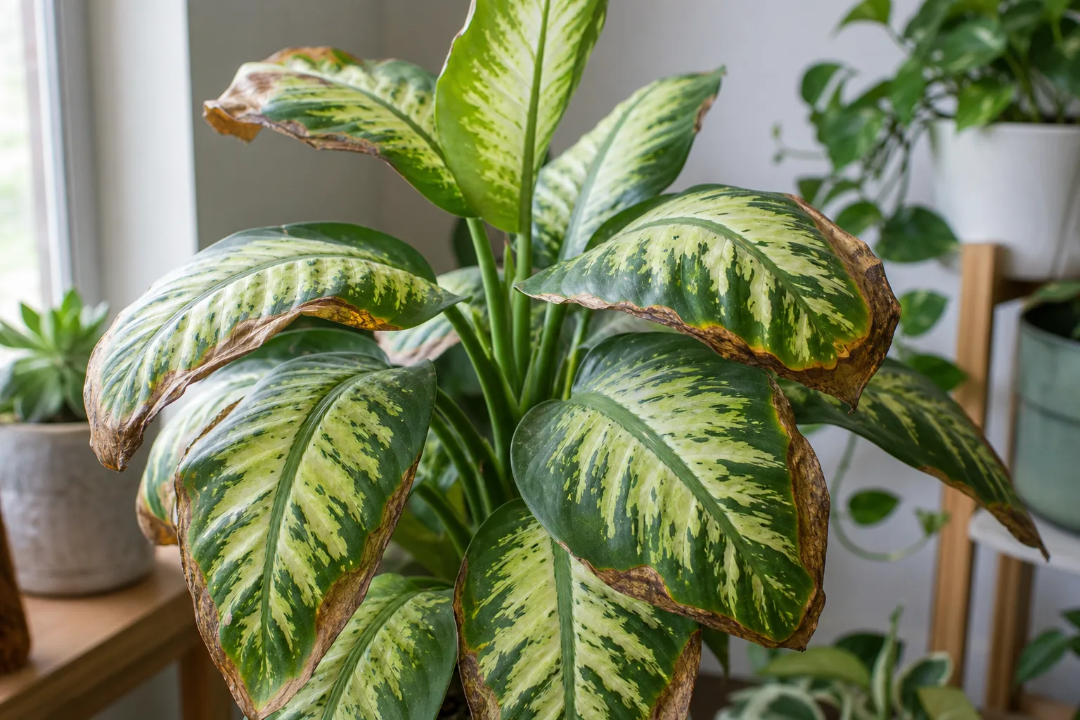 Low Humidity on Dieffenbachia - visible symptom on the plant