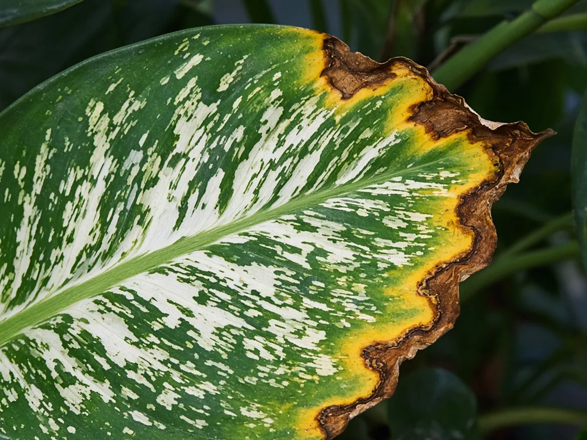 Close-up of potassium deficiency on Dieffenbachia - brown necrotic scorch along the outer margin of an older variegated leaf