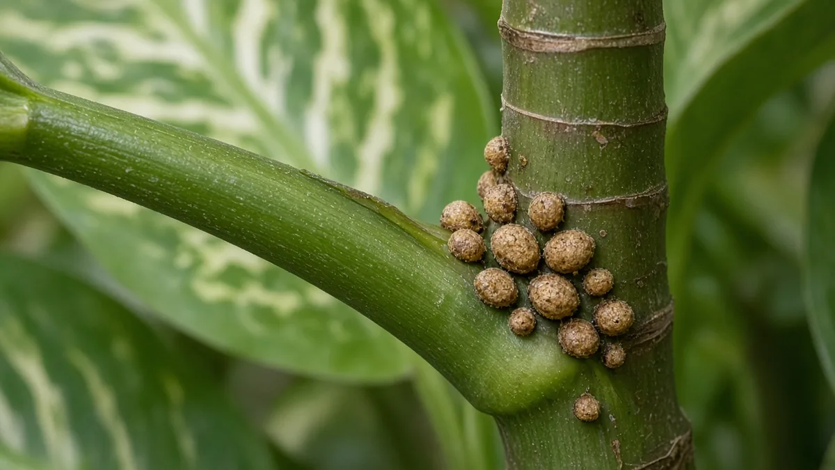 Close-up of scale insects on dieffenbachia - tan bumps along a petiole base in a leaf axil