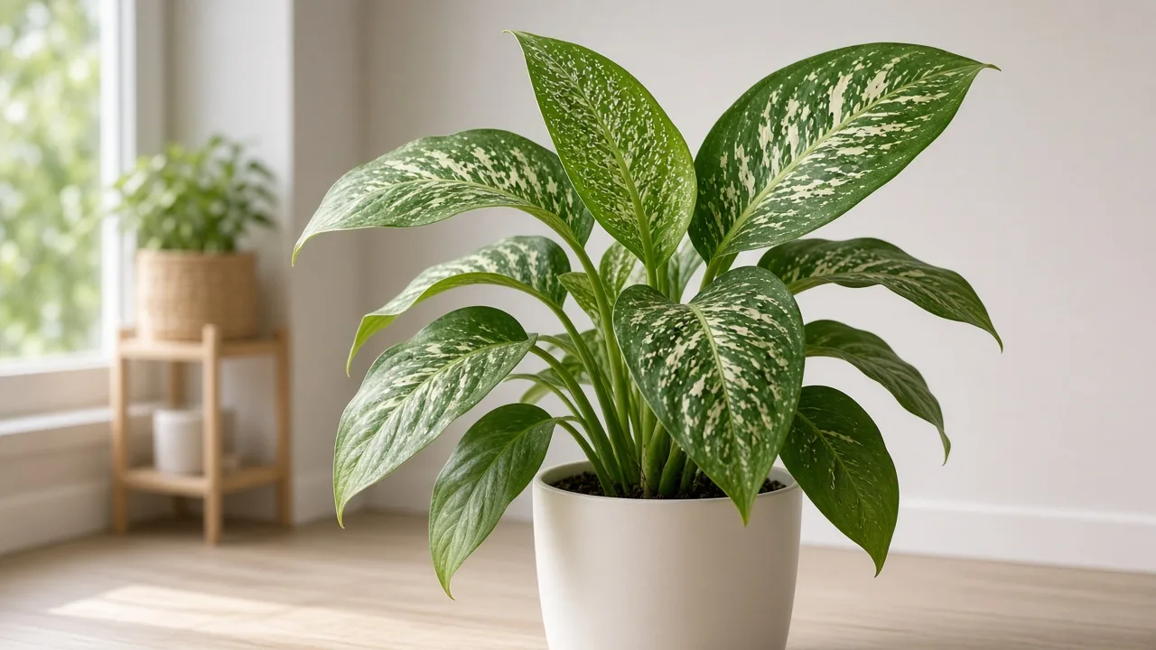 Thrips on Dieffenbachia - silvery scarred patches and dark specks on broad variegated dumb cane leaves