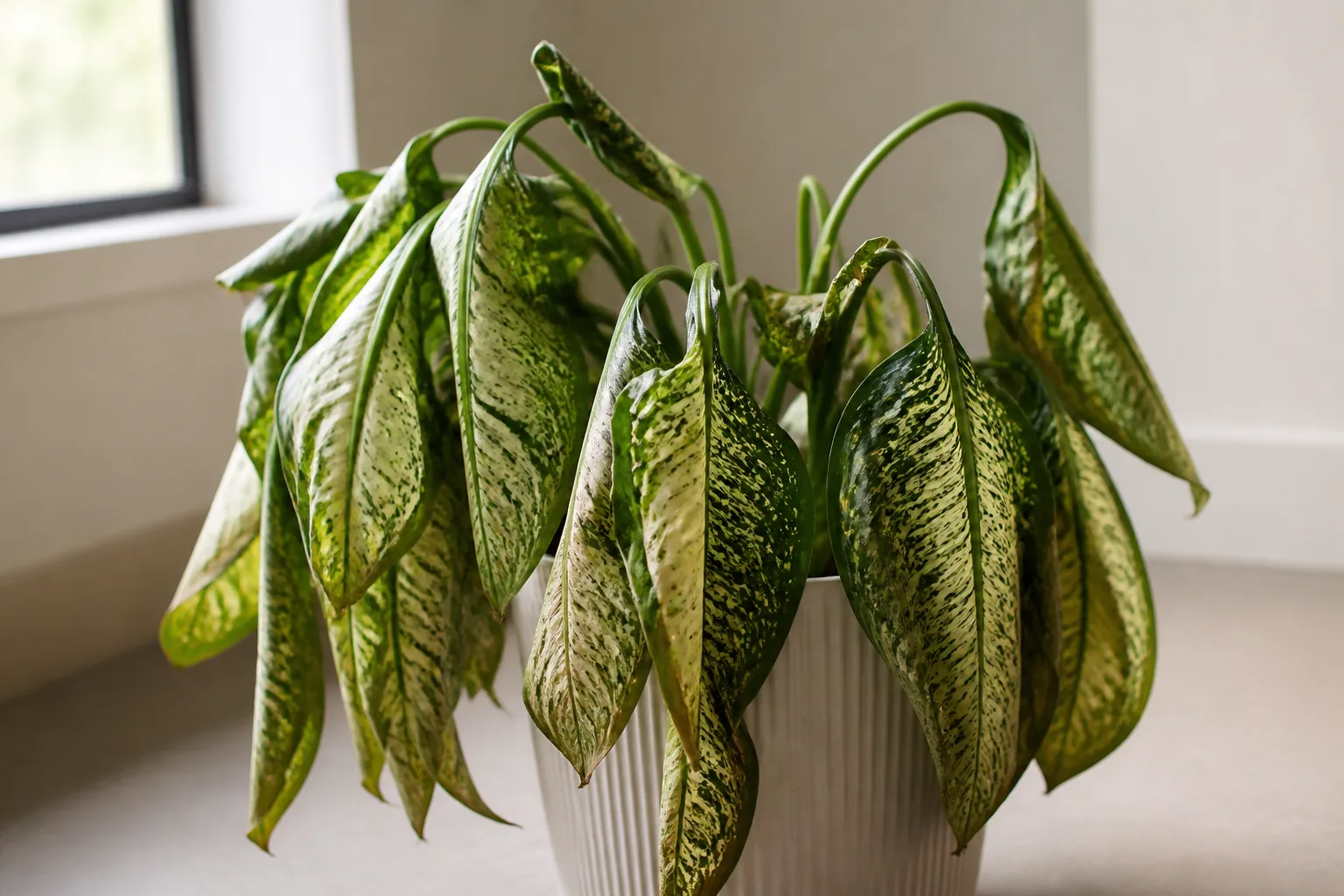 Drooping Leaves on Dieffenbachia Tropic Snow - visible symptom on the plant