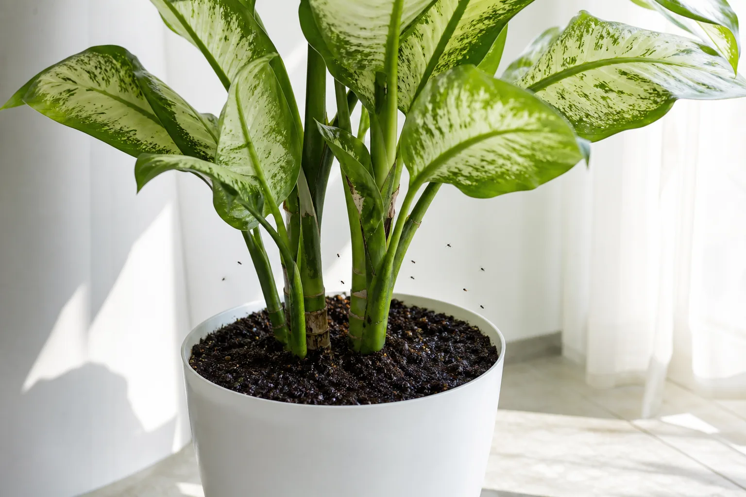 Fungus gnats on Dieffenbachia Tropic Snow - tiny flies hovering near damp soil at a floor cane base