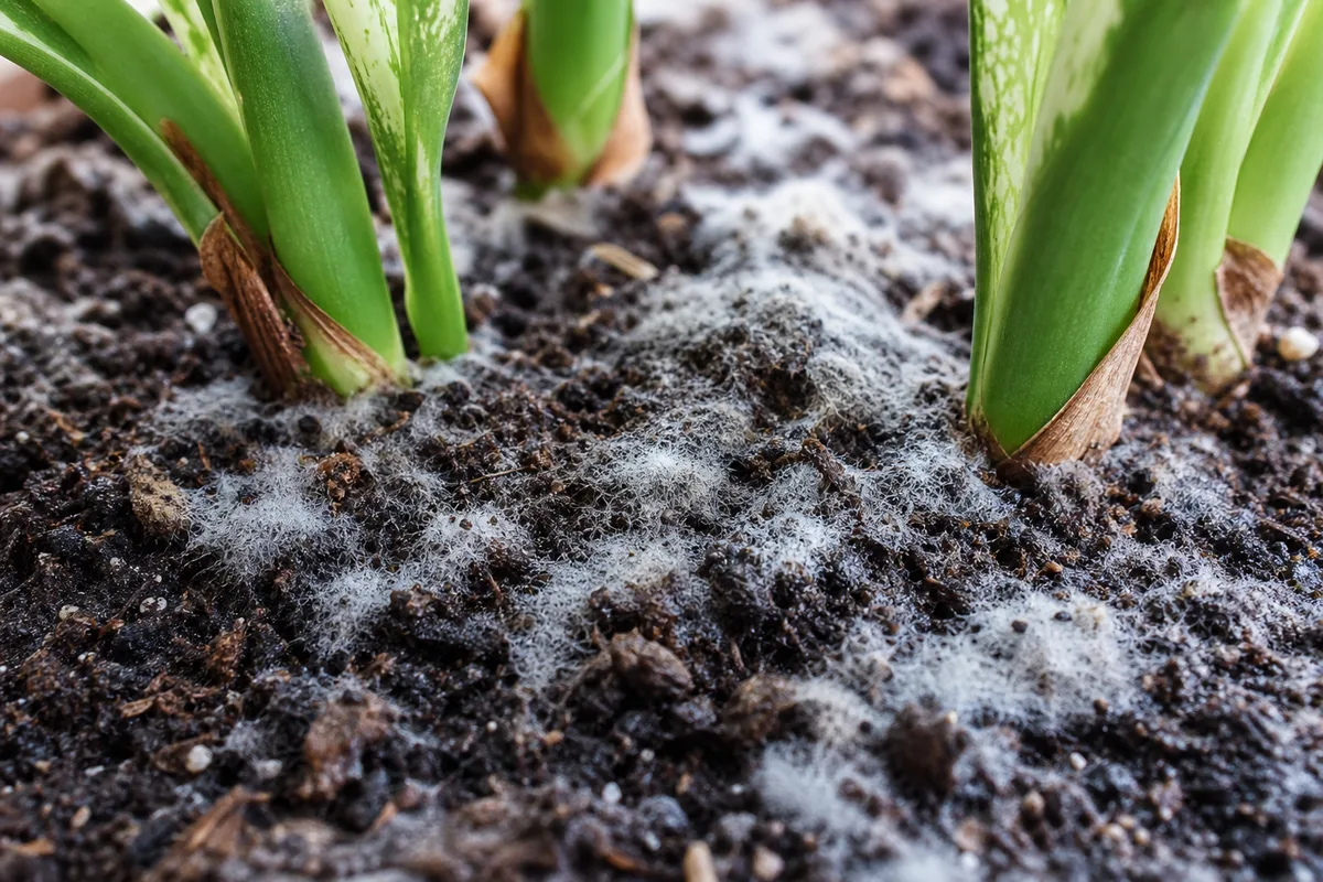 Close-up of mold on Dieffenbachia Tropic Snow soil - white fuzzy patches on damp potting mix between cane bases