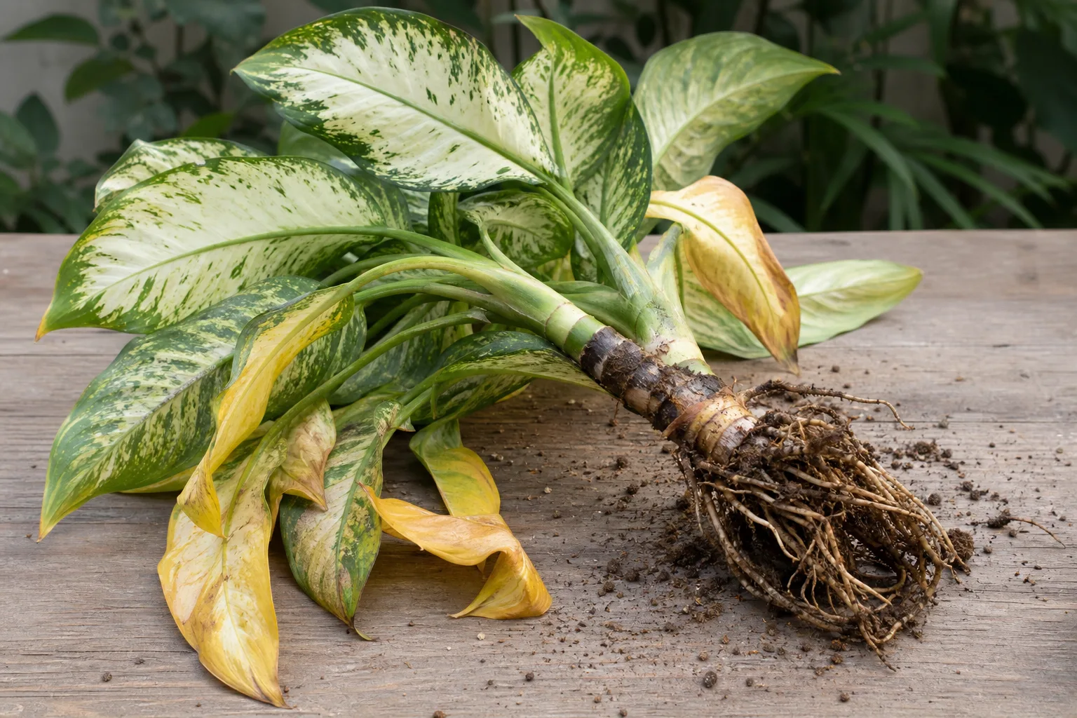 Root Rot on Dieffenbachia Tropic Snow - visible symptom on the plant