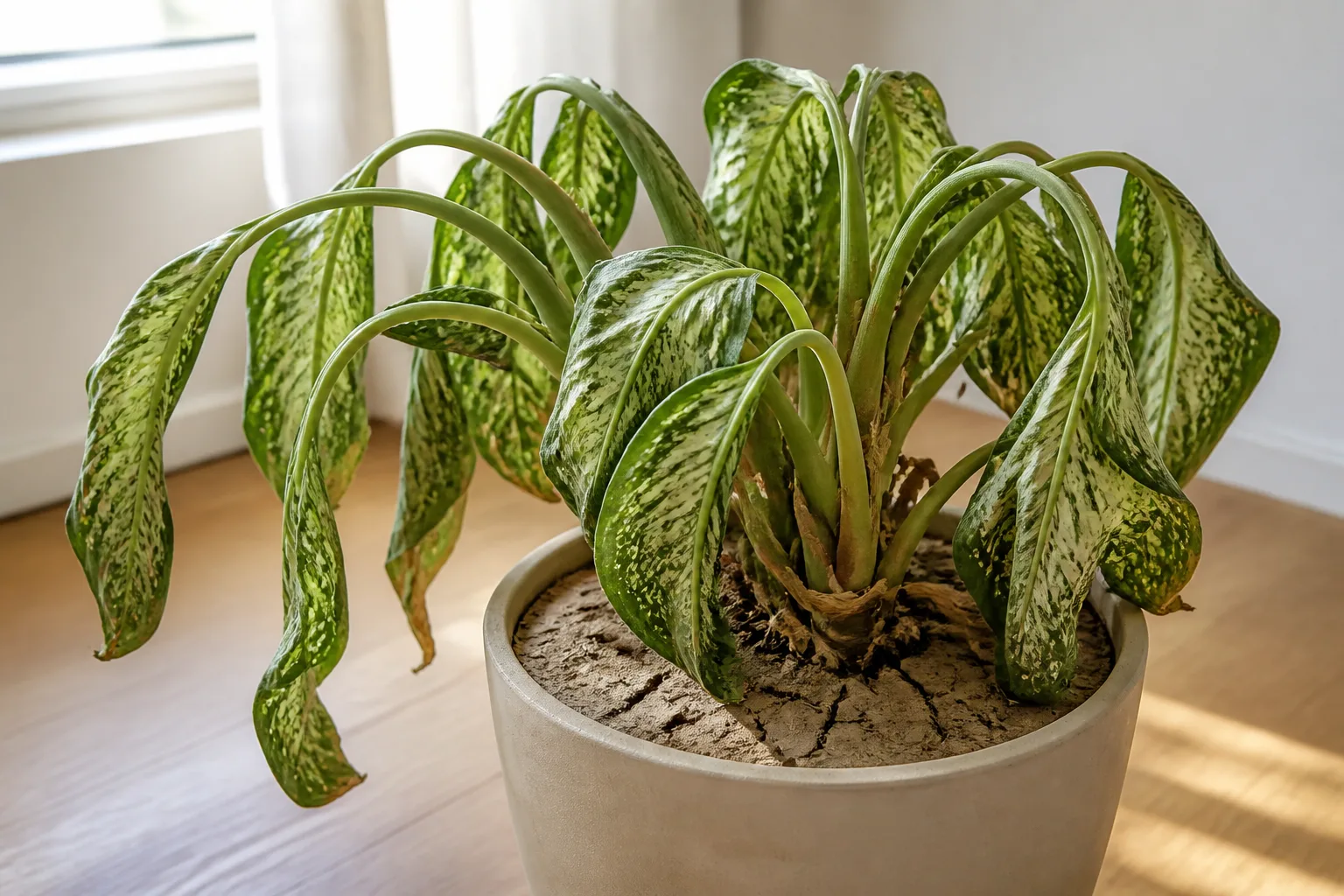Underwatering on Dieffenbachia - visible symptom on the plant
