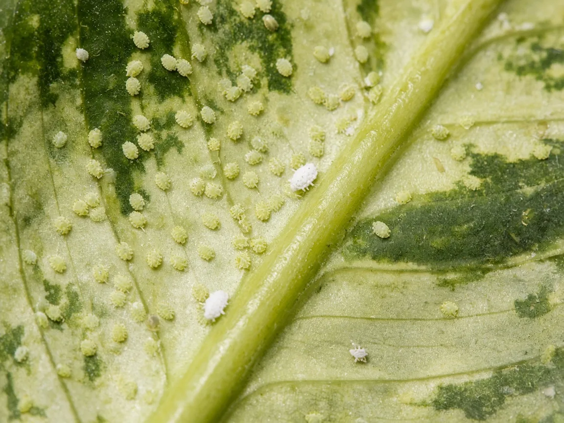 Close-up of whiteflies on Dieffenbachia - flat nymphs and adult insects on a leaf underside