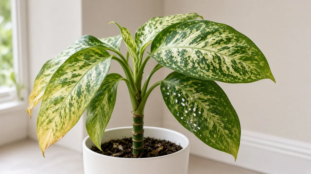 Whiteflies on Dieffenbachia - tiny white insects and honeydew on broad variegated dumb cane leaves