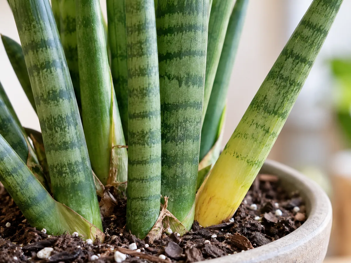 One lower African spear leaf is yellowing while the surrounding cylindrical leaves remain green