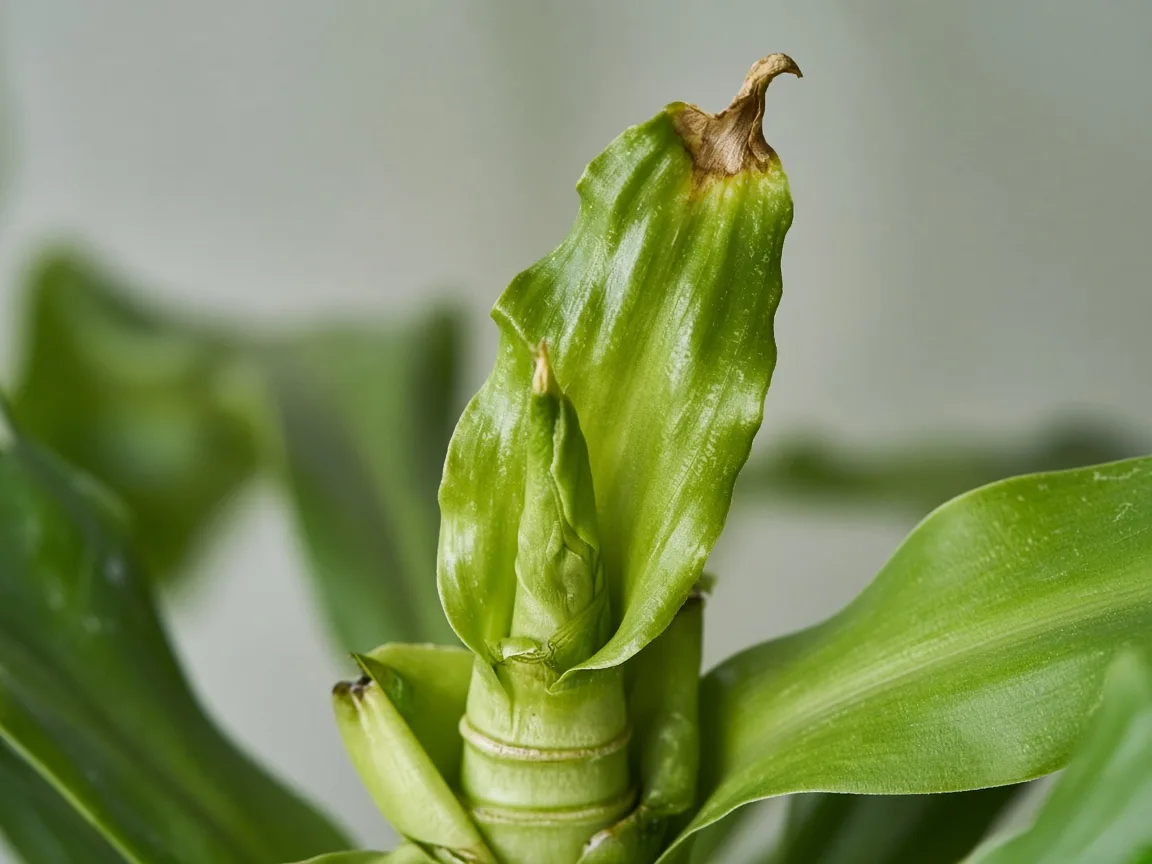 Close-up of calcium deficiency on Dracaena - crinkled new crown strap leaf