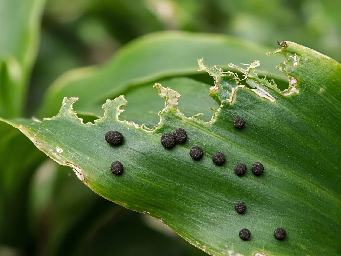 Close-up of caterpillar chew damage on Dracaena - ragged strap leaf margin with dark frass pellets