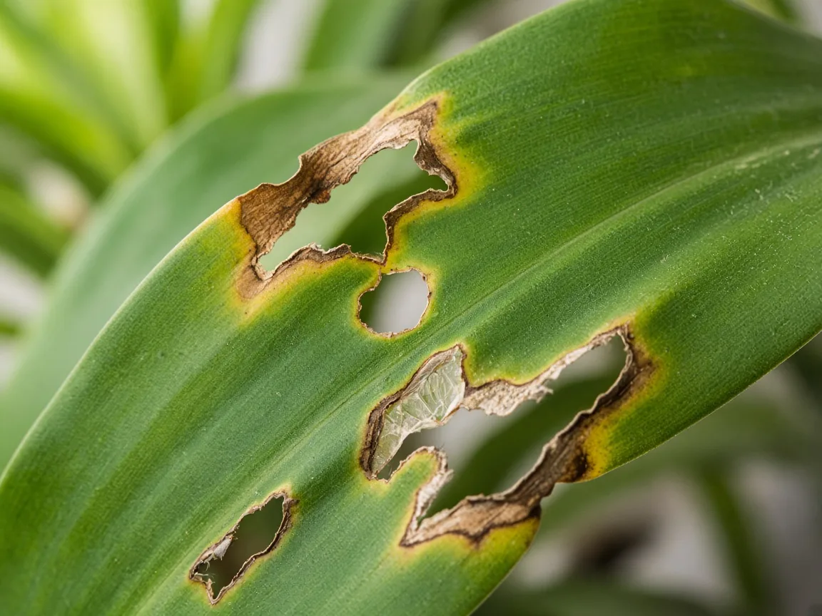 Close-up of holes in leaves on Dracaena - irregular chew marks on a broad strap leaf with torn margins near the cane