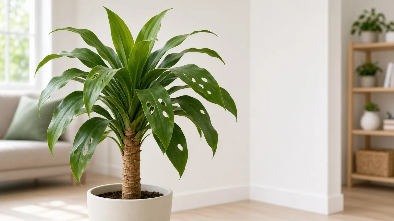 Holes in leaves on Dracaena - irregular chew damage on arching strap leaves near a stacked cane crown