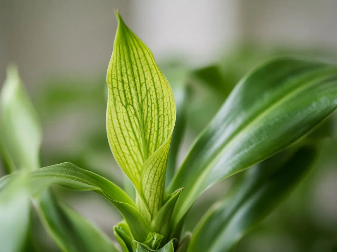 Close-up of interveinal chlorosis on new Dracaena strap leaf at cane crown
