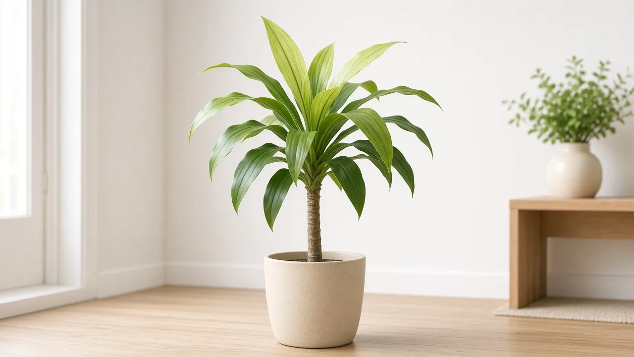 Iron deficiency on Dracaena - pale new strap leaves with green veins at cane crown