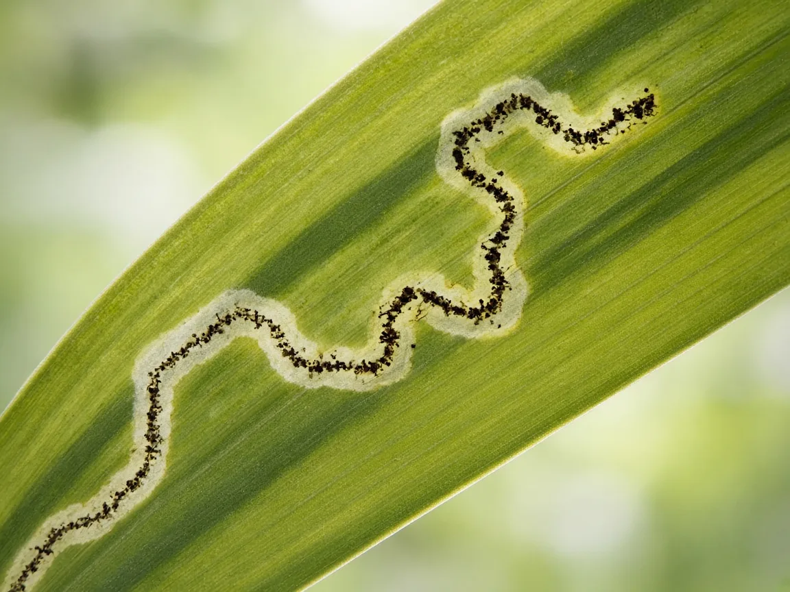 Close-up of pale winding leaf miner tunnel inside Dracaena strap leaf