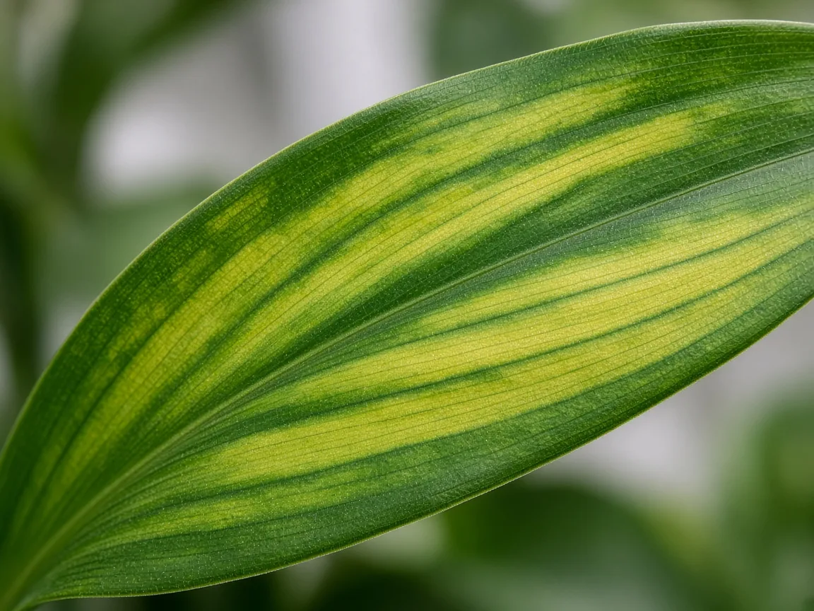 Close-up of Magnesium Deficiency on Dracaena - interveinal chlorosis on strap leaf