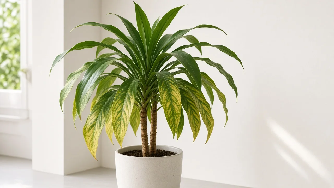 Magnesium Deficiency on Dracaena - yellow between green veins on lower strap leaves