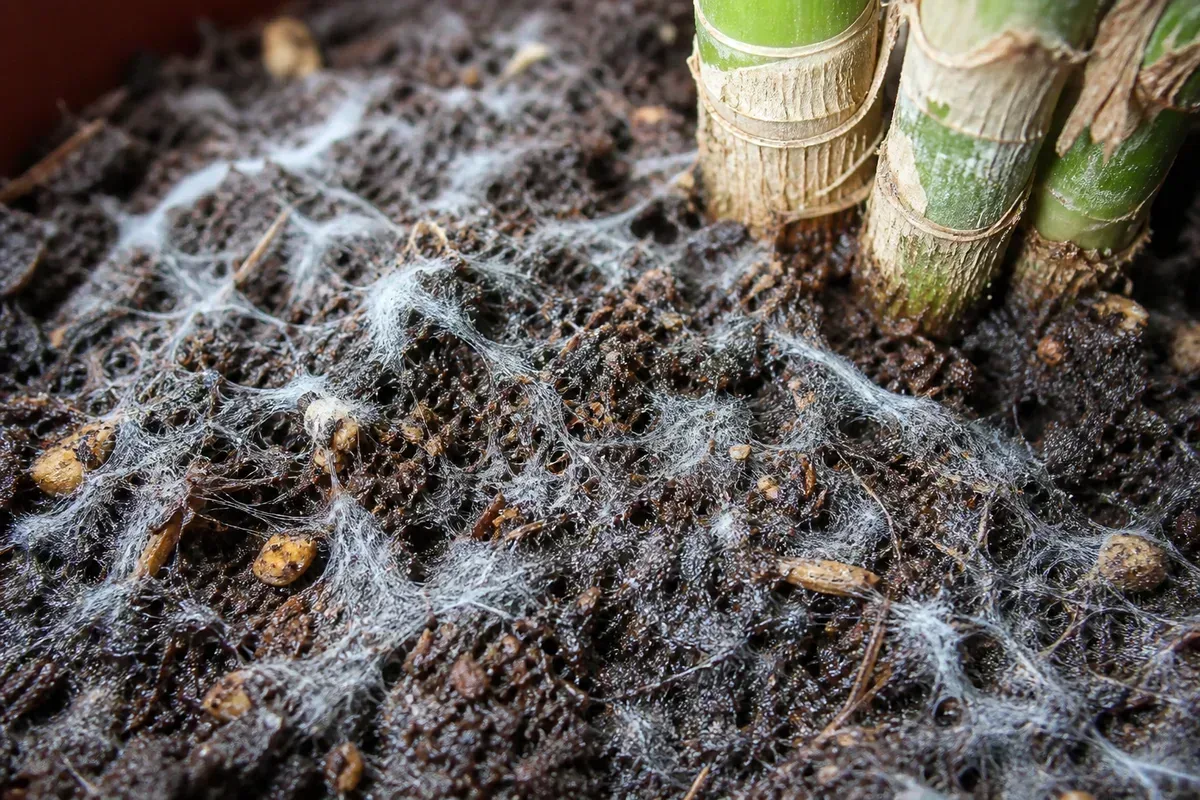 Close-up of mold on Dracaena soil - white gray fuzzy saprophytic mycelium on damp potting mix near the cane base
