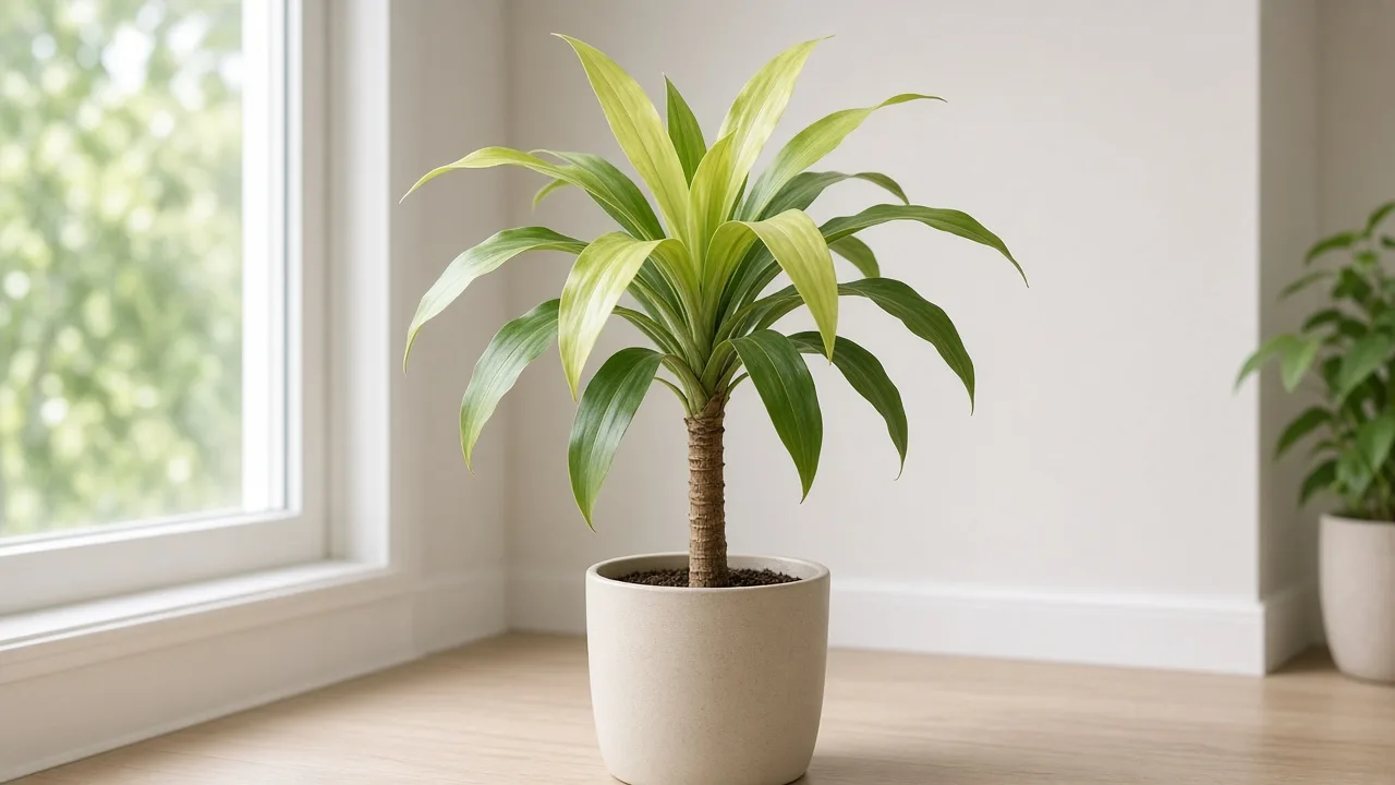 Pale Leaves on Dracaena - washed-out yellow-green strap foliage on corn plant cane