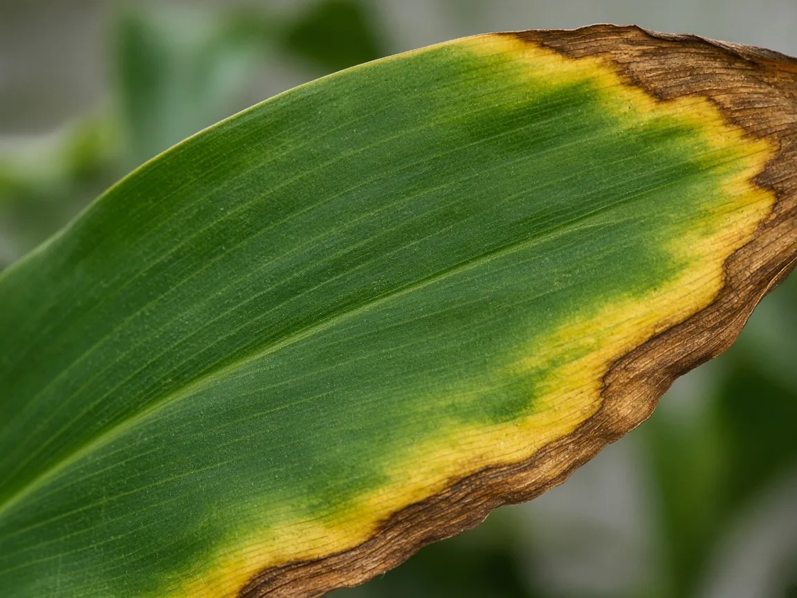 Close-up of scorched brown margins on older dracaena strap leaves