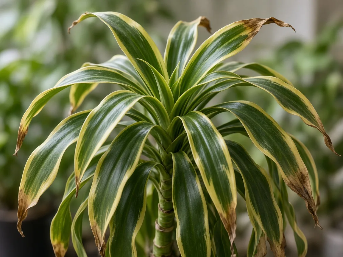 Close-up of underwatering on Dracaena reflexa — diagnostic detail