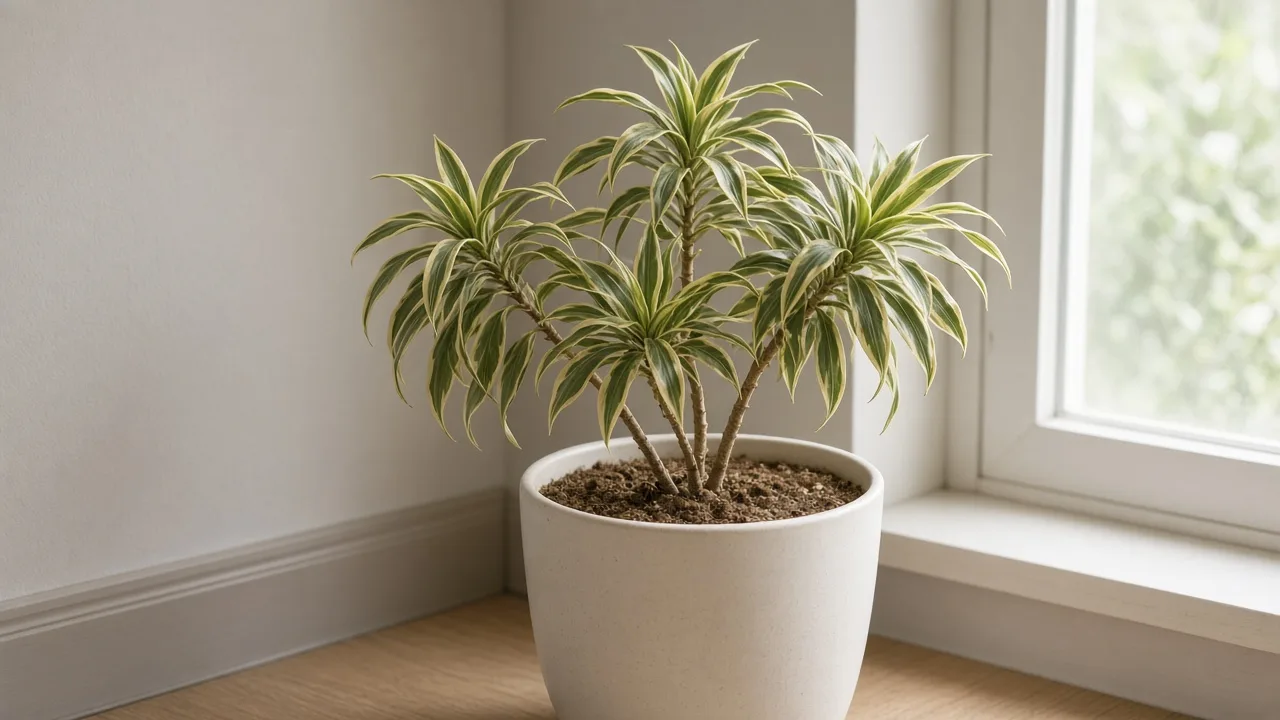 Underwatered Dracaena reflexa Song of India with limp drooping spiral rosettes in a light dry pot