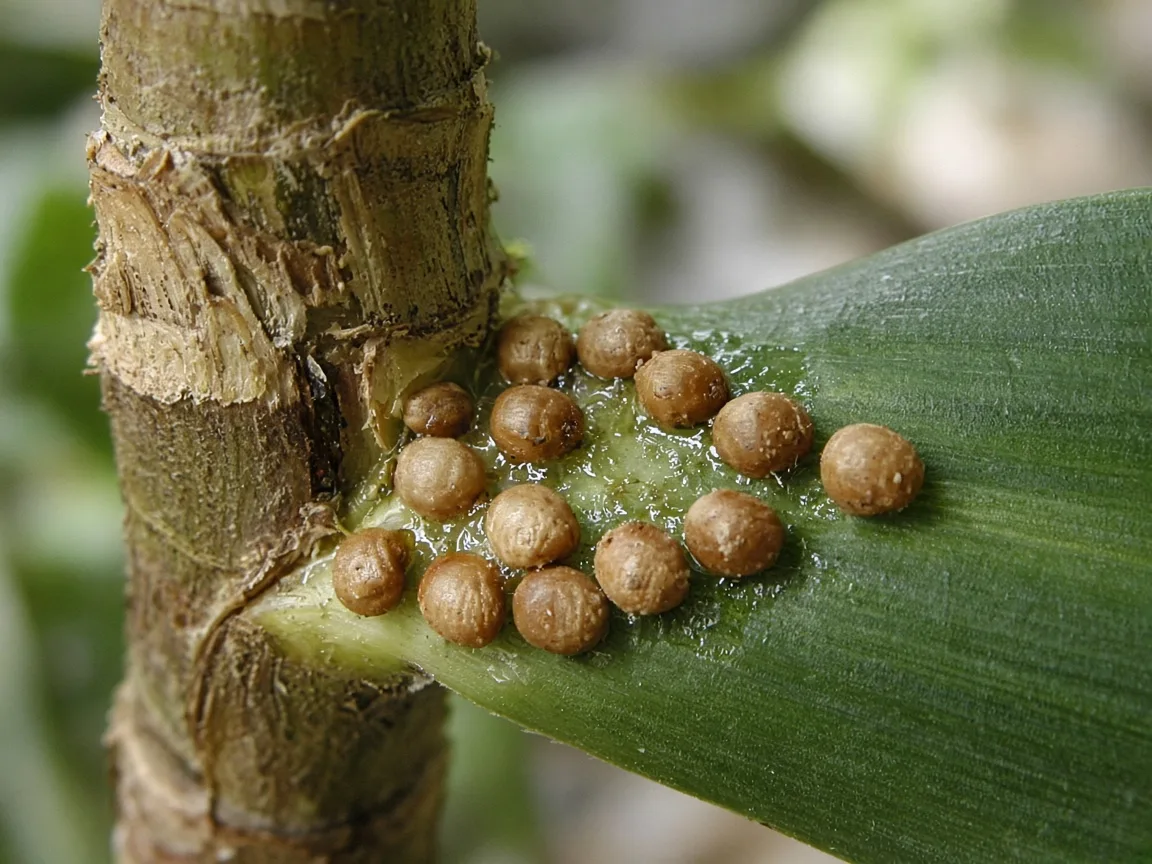 Close-up of tan scale bumps on Dracaena leaf base with honeydew