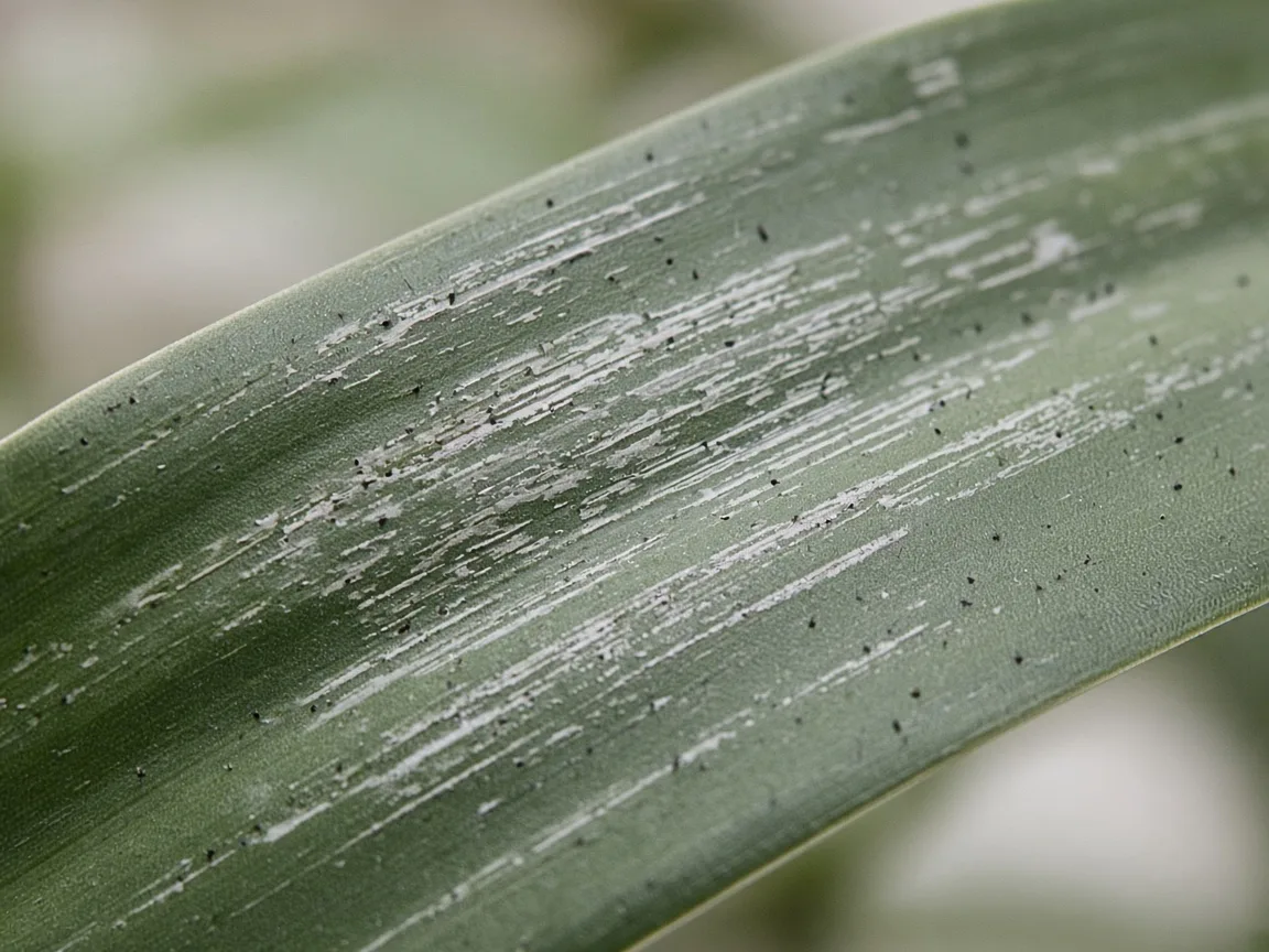 Close-up of silvery thrips scrape marks and black frass on Dracaena strap leaf