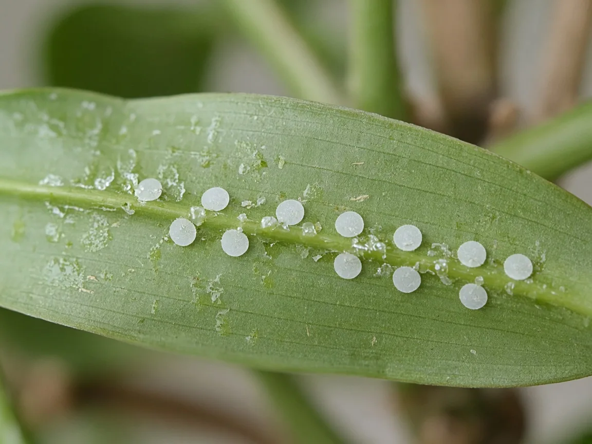 Close-up of whitefly nymph disks and honeydew on Dracaena strap leaf underside