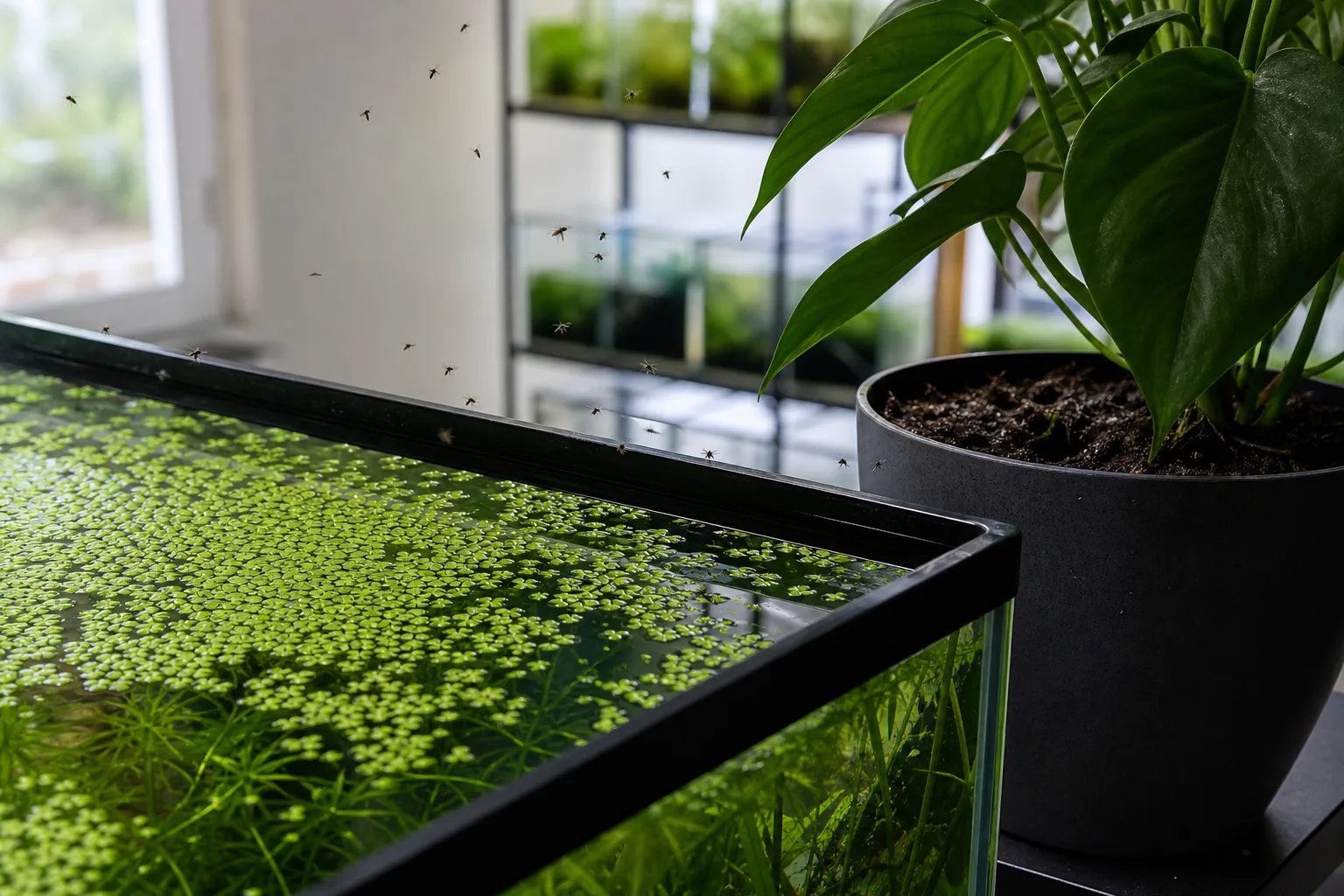 Fungus gnats near Duckweed - small dark flies hovering above the floating mat with a houseplant pot nearby