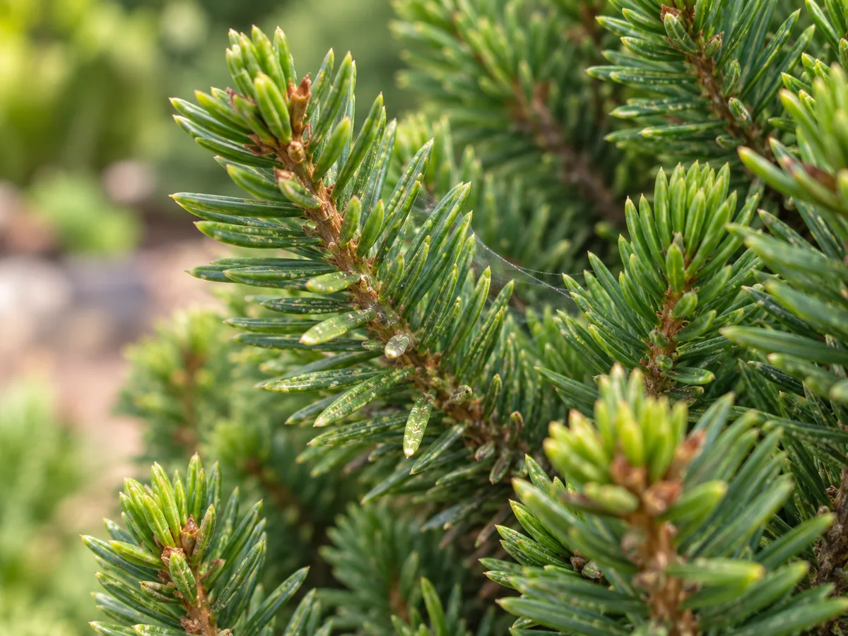 Close view of a dwarf Alberta spruce branch showing early stippling and fine webbing associated with spider-mite stress