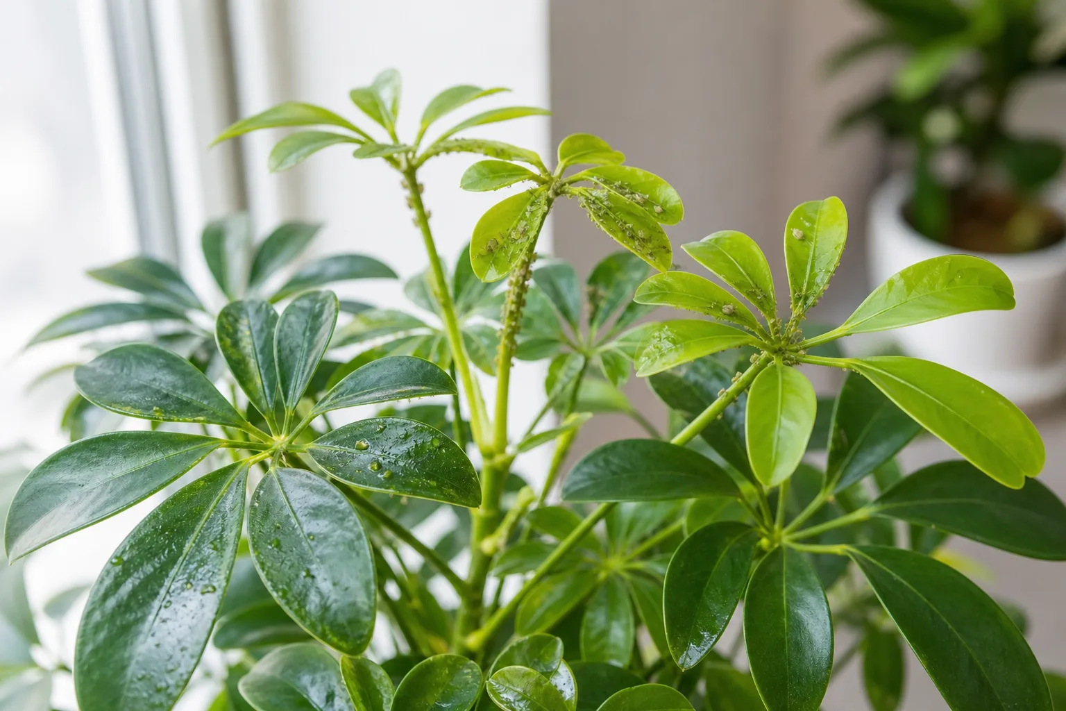 Aphids on Dwarf Umbrella Tree - visible symptom on the plant