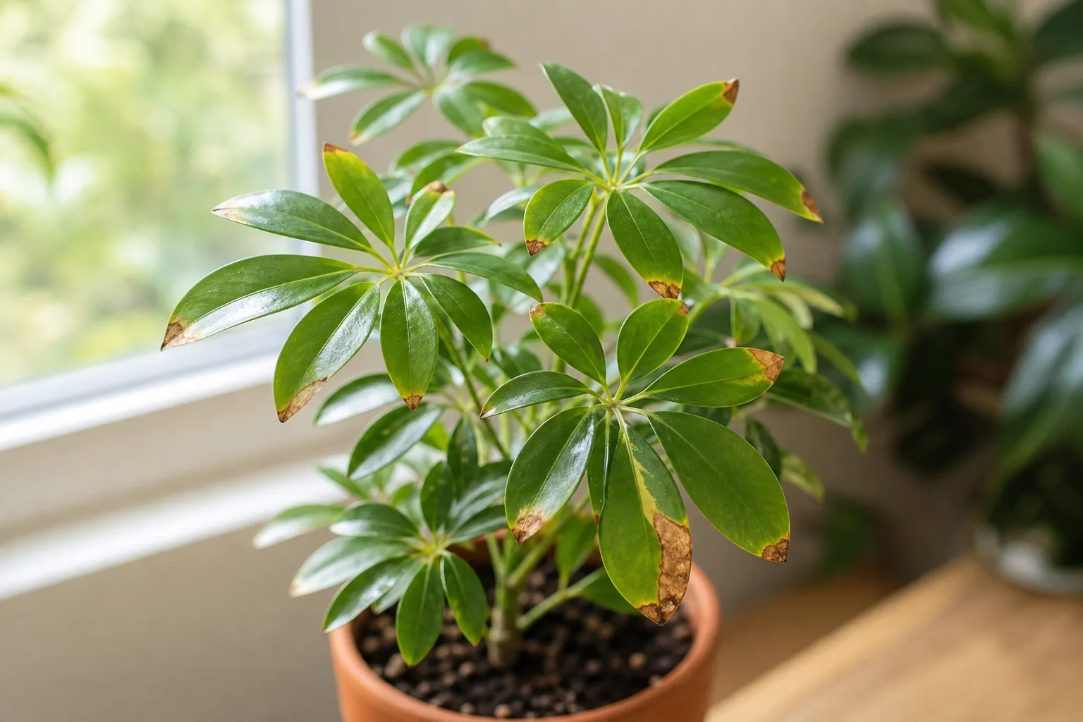 Brown tips on dwarf umbrella tree - crisp tan-brown edges on outer leaflet margins in a compound whorl
