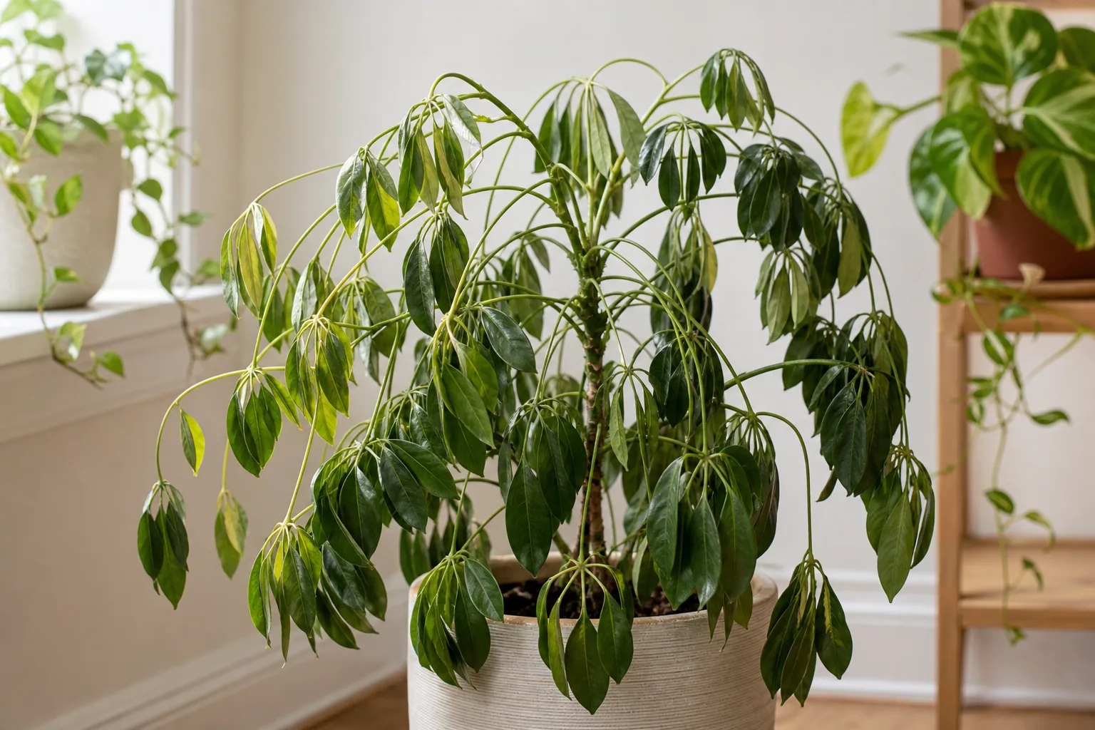 Drooping Leaves on Dwarf Umbrella Tree - visible symptom on the plant