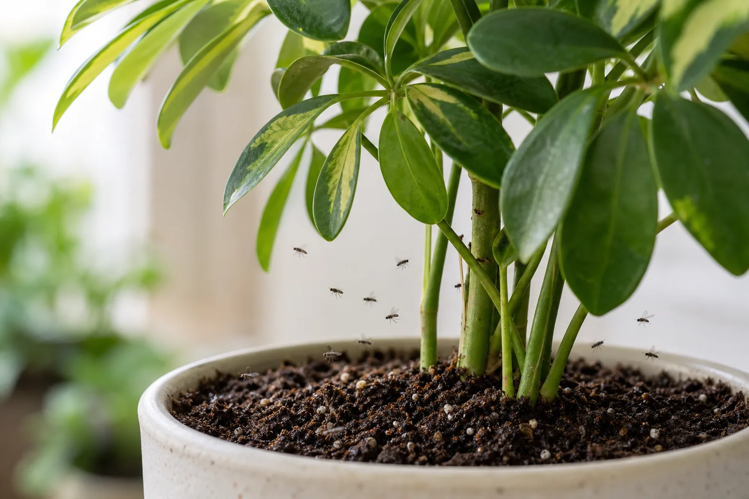 Fungus Gnats on Dwarf Umbrella Tree - visible symptom on the plant