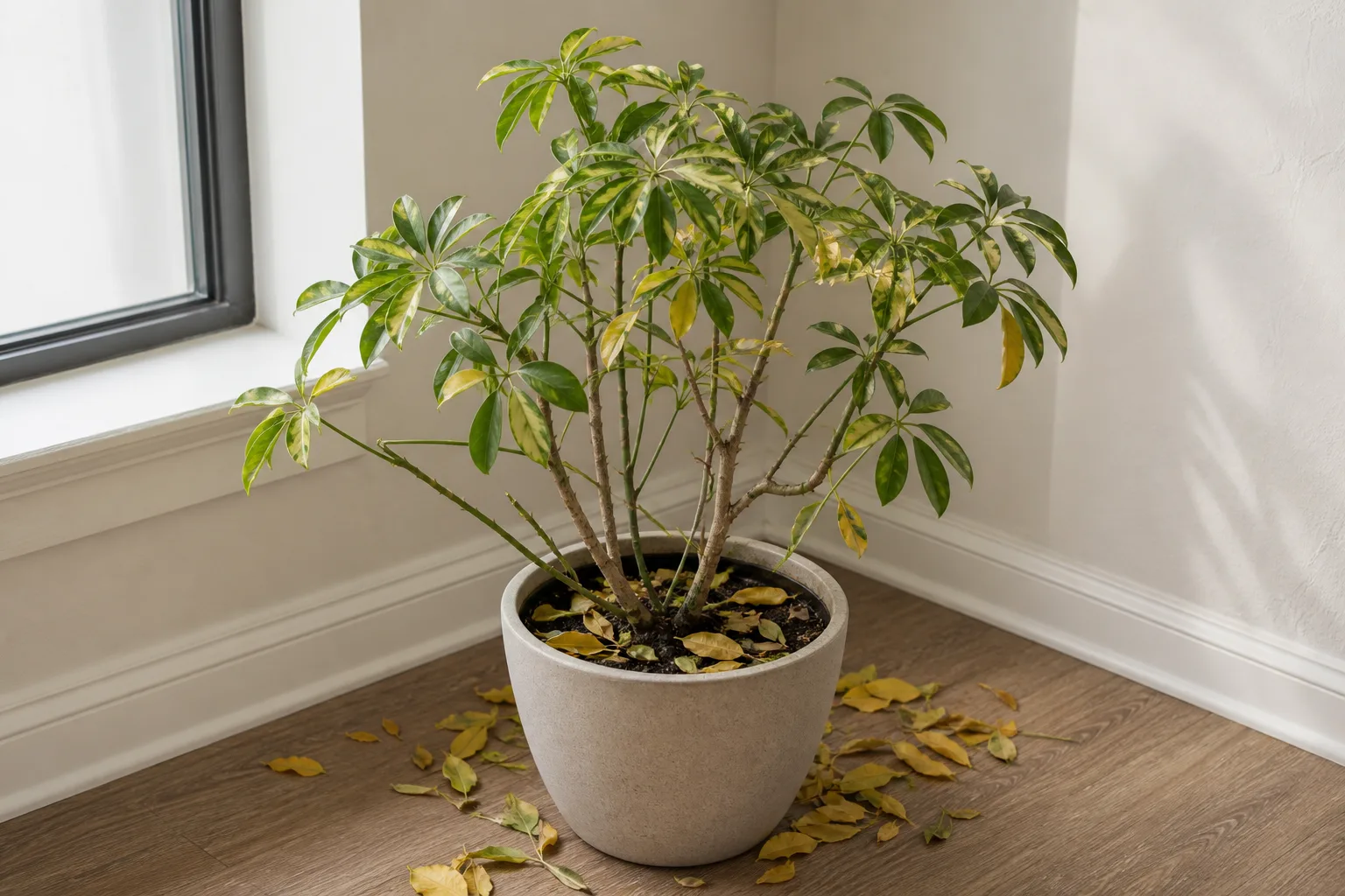 Leaf Drop on Dwarf Umbrella Tree - visible symptom on the plant