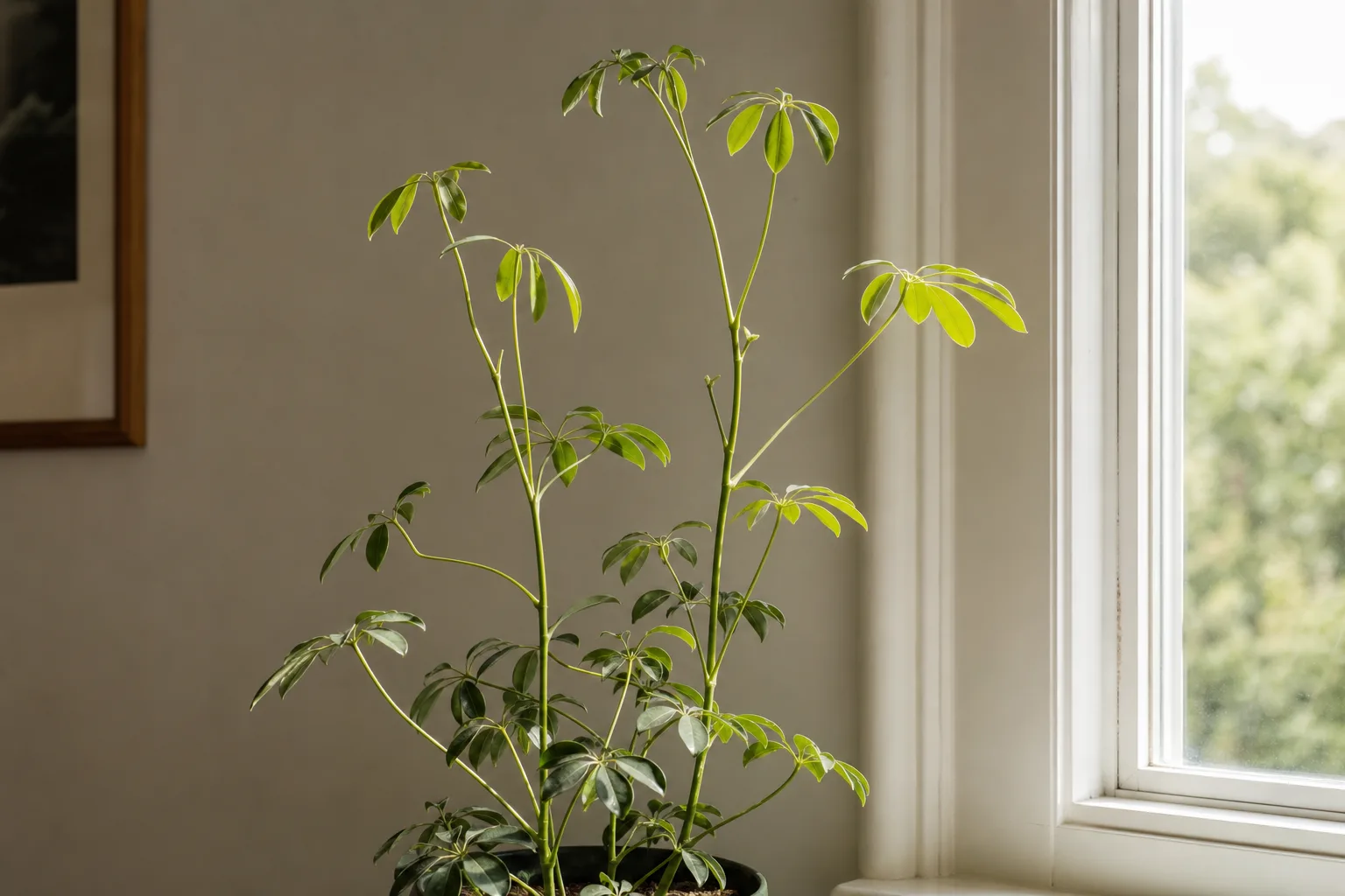 Leggy Growth on Dwarf Umbrella Tree - visible symptom on the plant