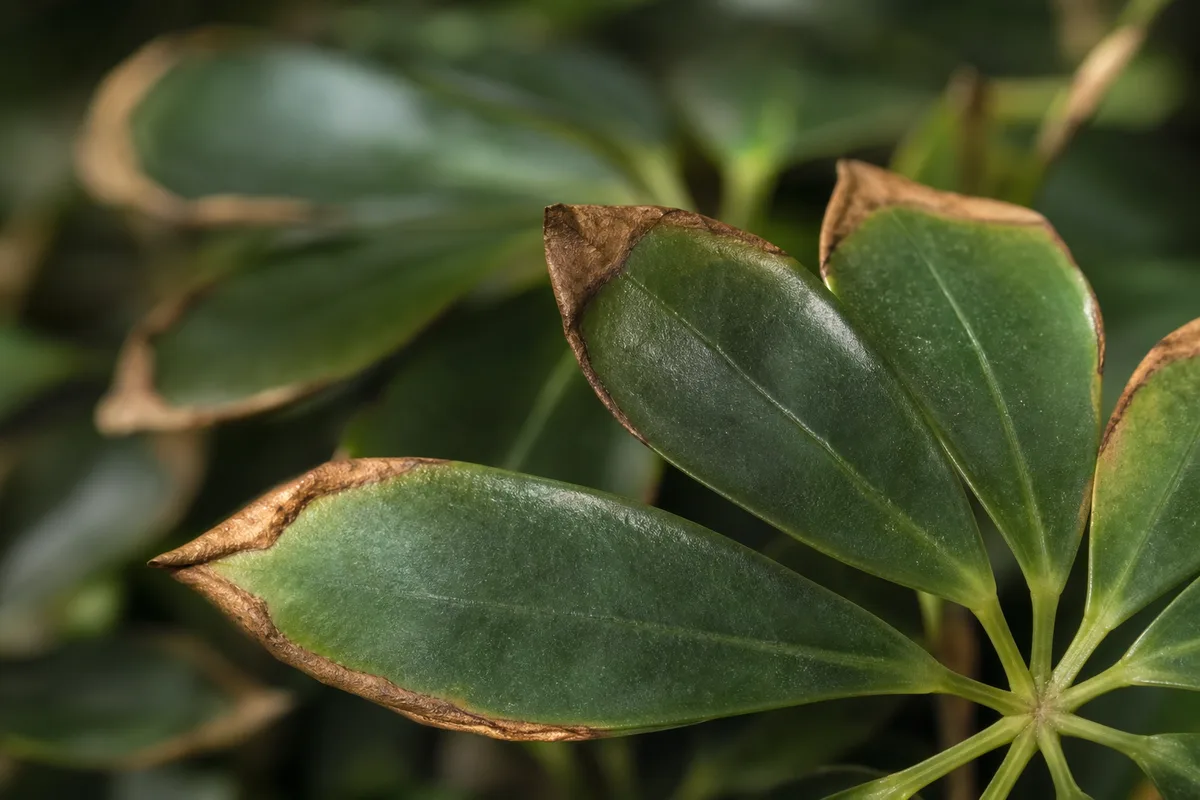 Close-up of Low Humidity on Dwarf Umbrella Tree - diagnostic detail