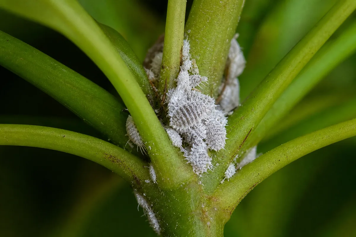 Close-up of Mealybugs on Dwarf Umbrella Tree - diagnostic detail