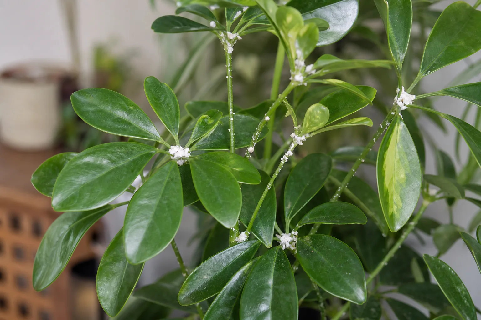 Mealybugs on Dwarf Umbrella Tree - visible symptom on the plant