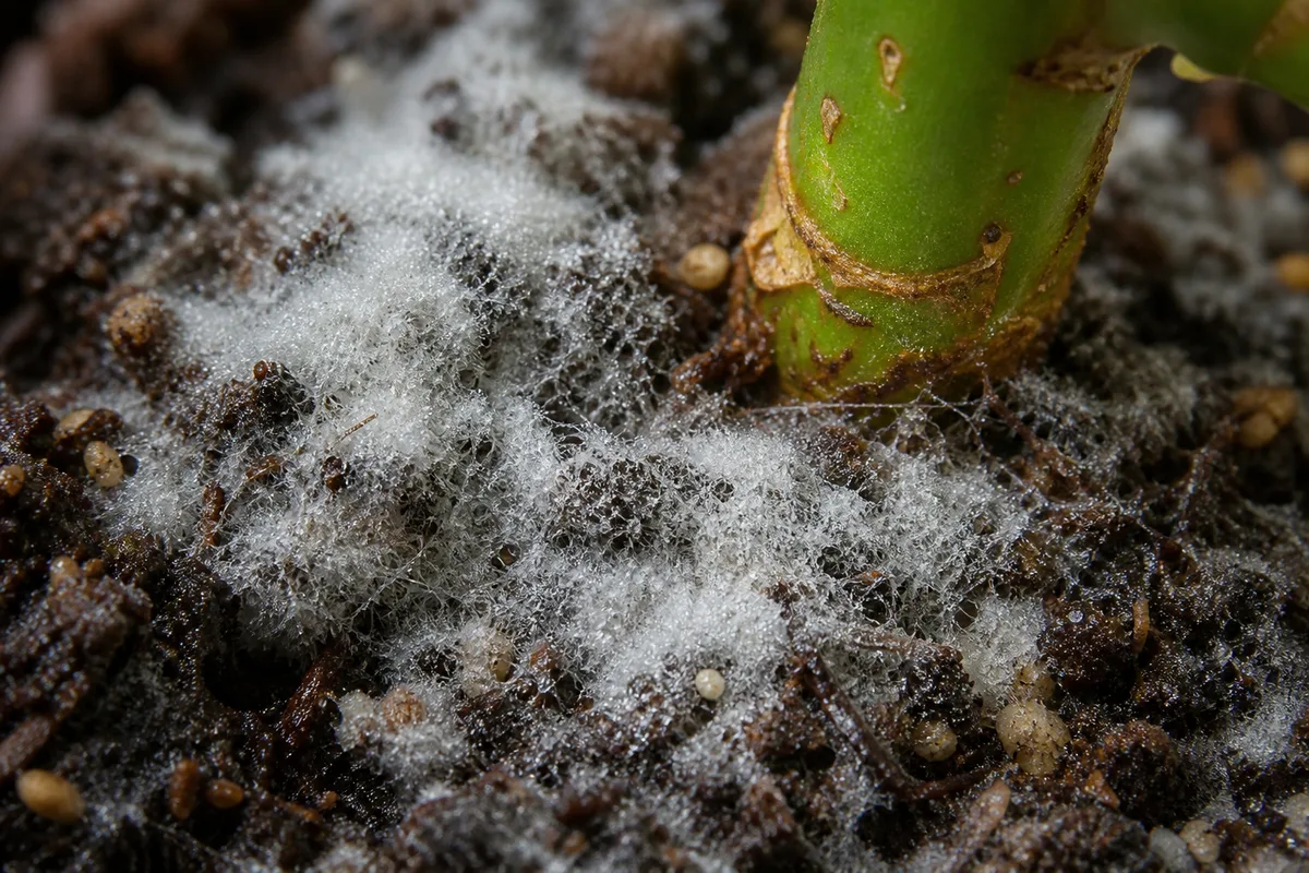 Close-up of Mold on Soil on Dwarf Umbrella Tree - diagnostic detail