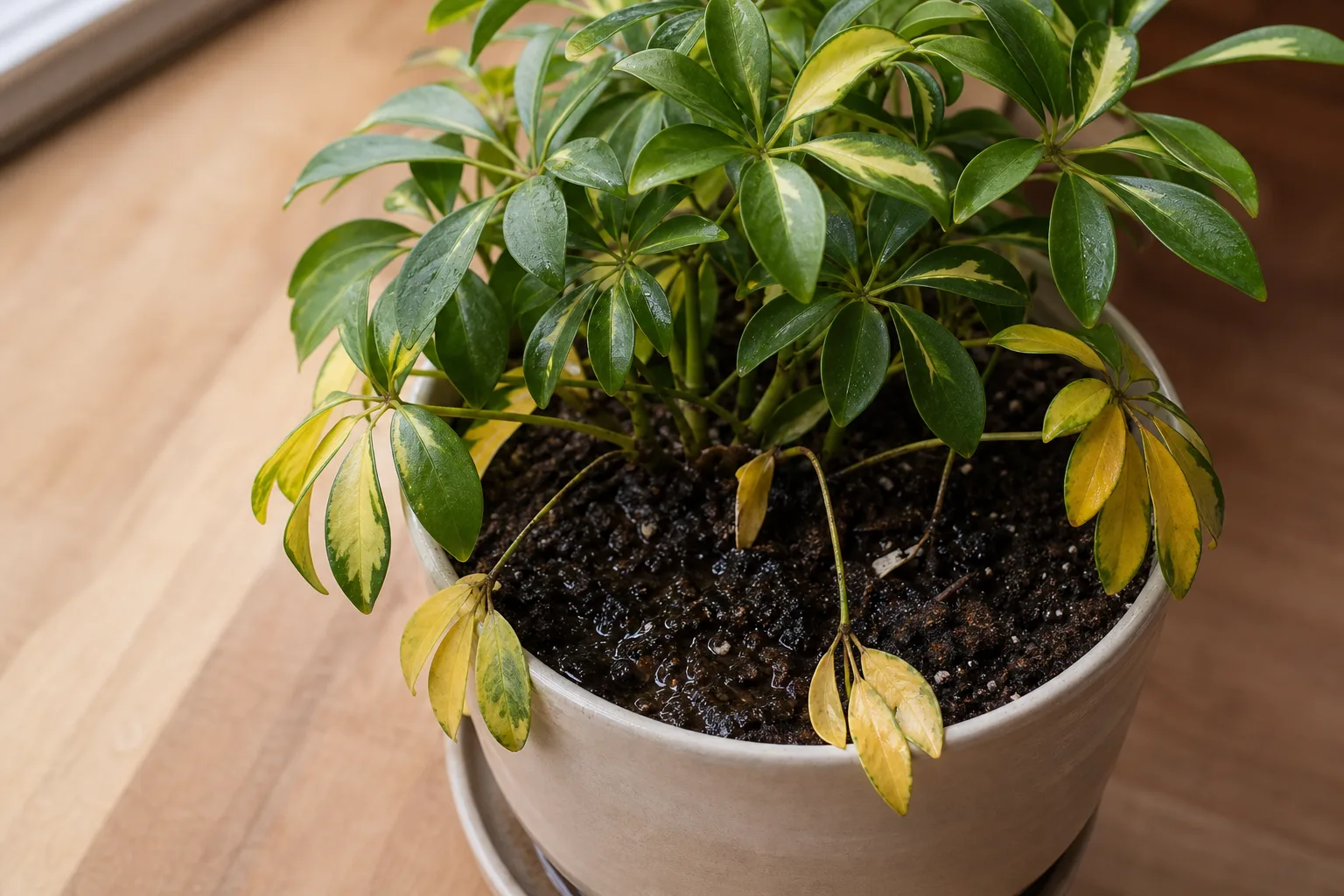 Overwatering on Dwarf Umbrella Tree - visible symptom on the plant