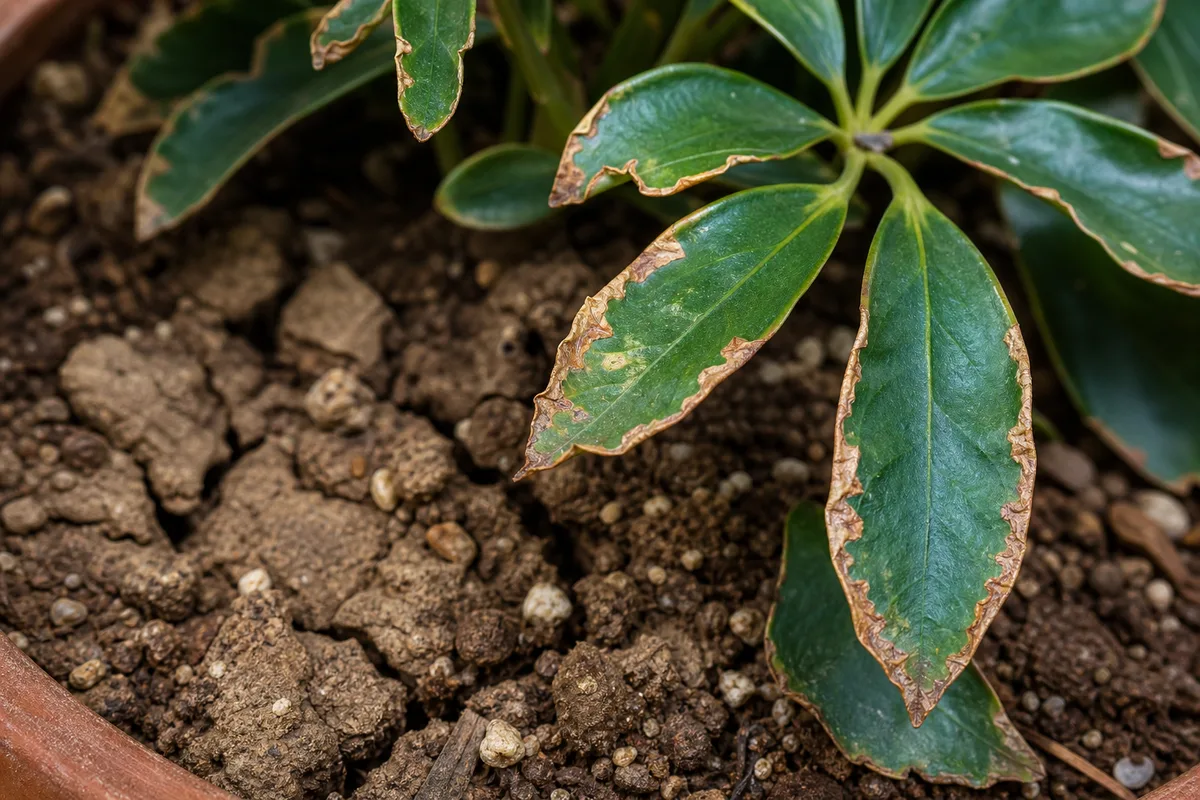Close-up of Underwatering on Dwarf Umbrella Tree - diagnostic detail