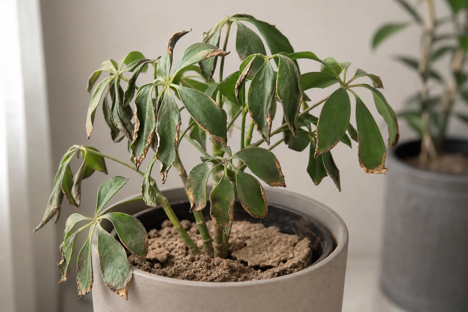 Underwatering on Dwarf Umbrella Tree - visible symptom on the plant