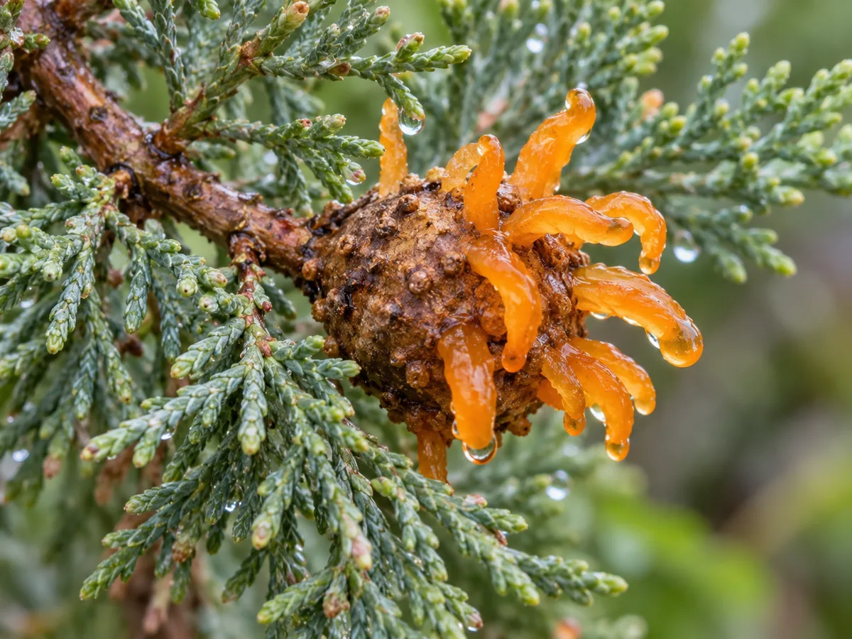 Orange gelatinous cedar-apple rust horns emerging from a dimpled gall on juniper foliage