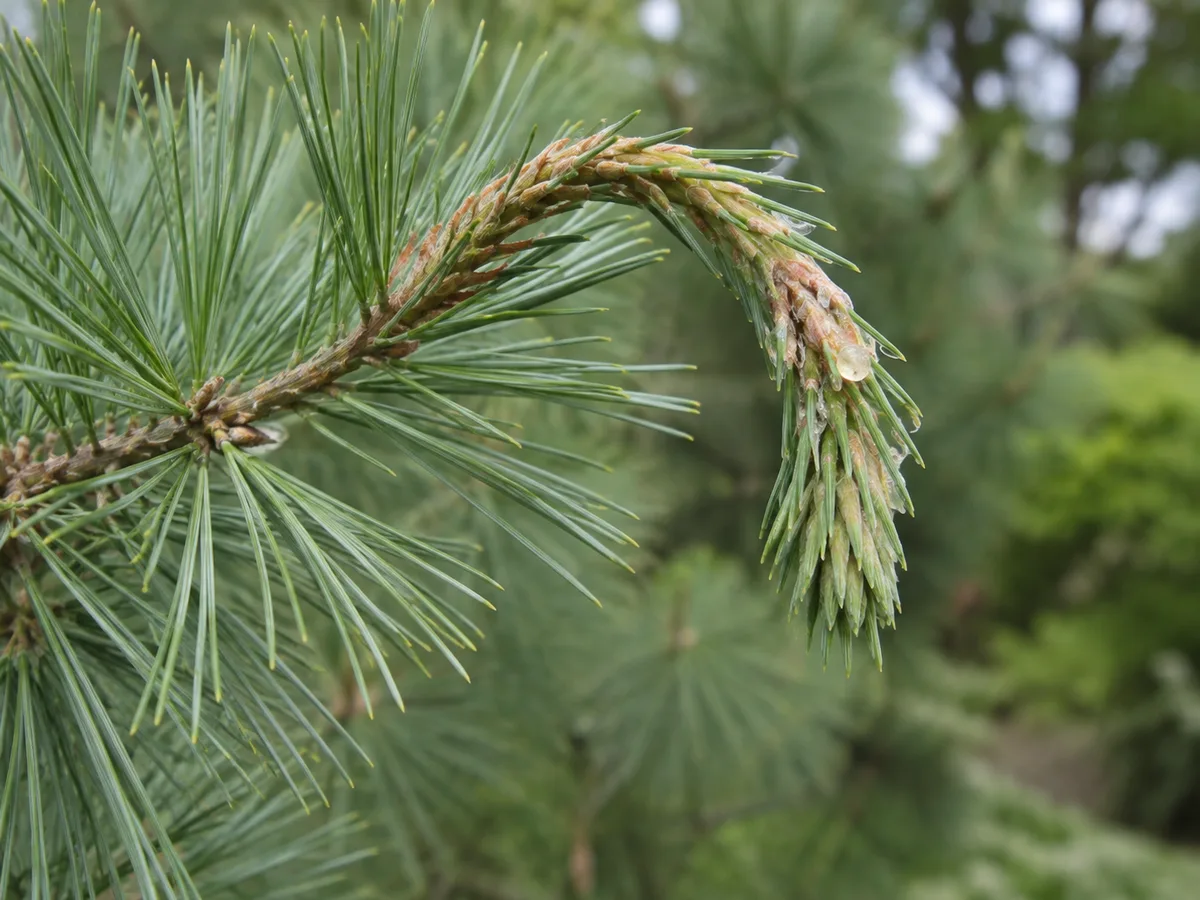 Young eastern white pine leader curled into a shepherd’s crook from white pine weevil injury