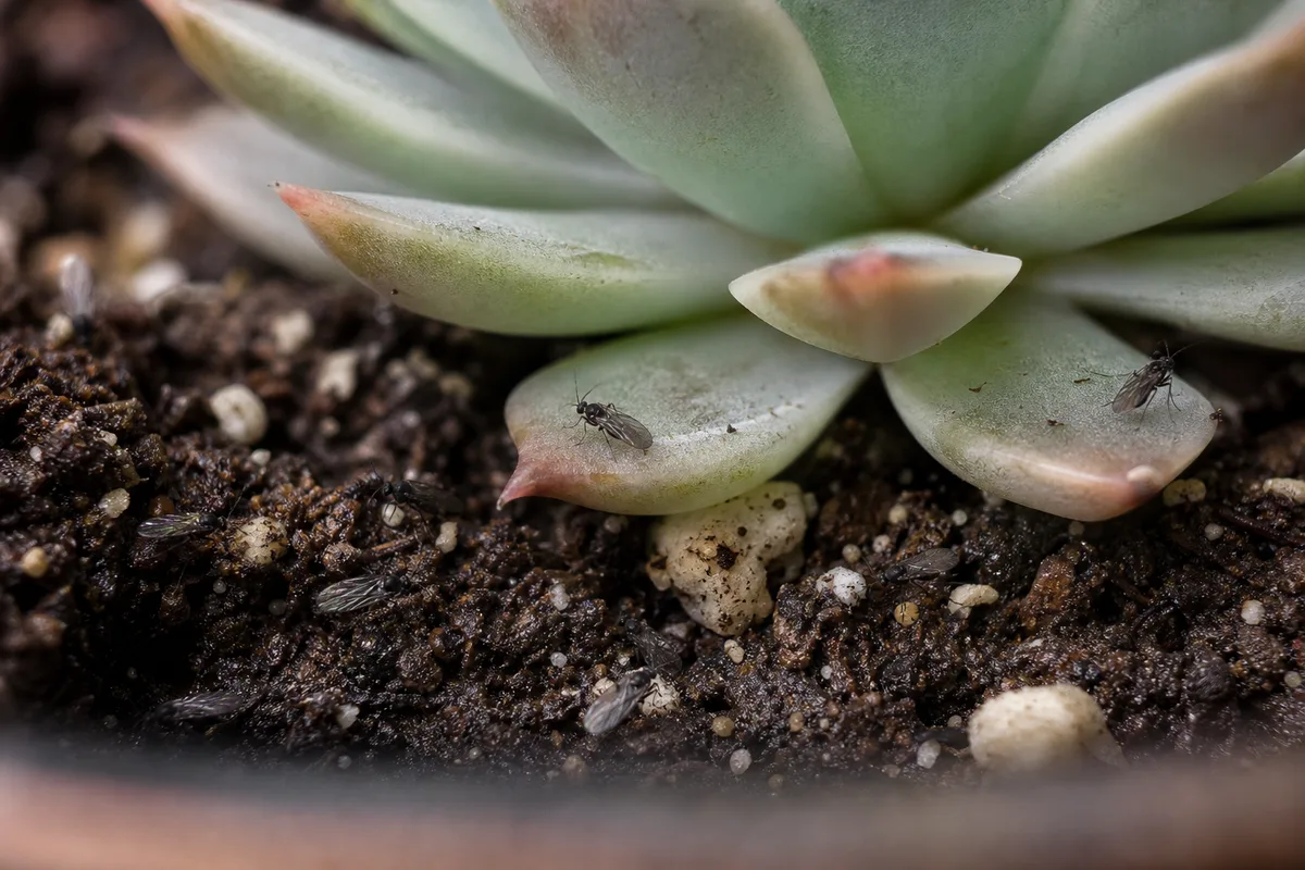 Close-up of Fungus Gnats on Echeveria - diagnostic detail