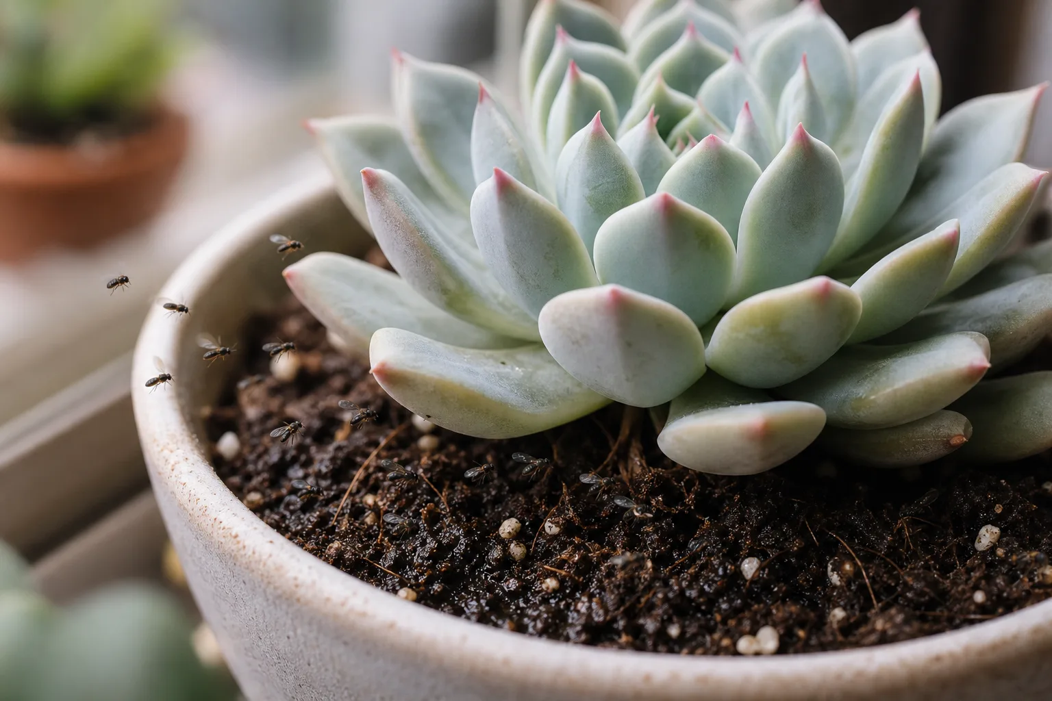 Fungus Gnats on Echeveria - visible symptom on the plant